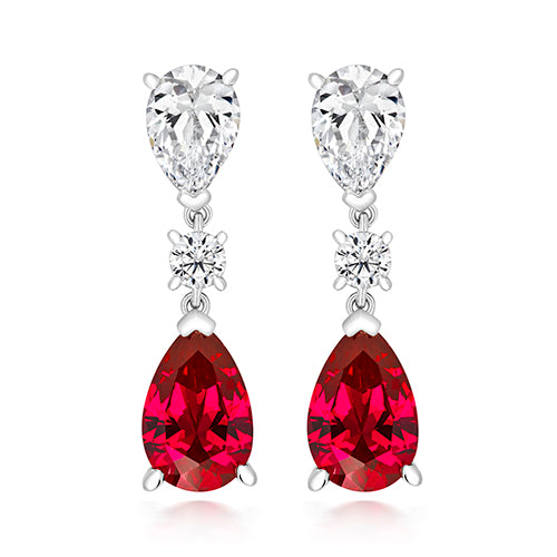 TRIPLE DROP CLAW SET 3MM ROUND. 7X5 & 9X6MM RED PEAR DROP EARRING