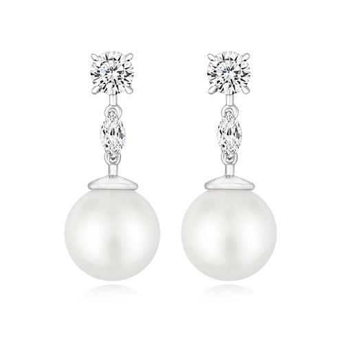 LAPIDARY PEARL DROP EARRING 10MM PEARL. CLAW SET RND MARQUISE CUTS