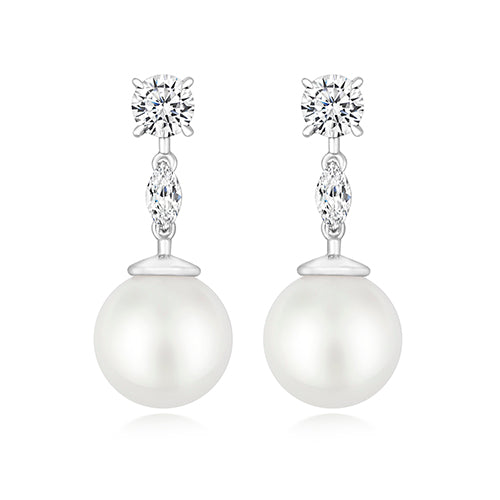 LAPIDARY PEARL DROP EARRING 10MM PEARL. CLAW SET RND & MARQUISE CUTS