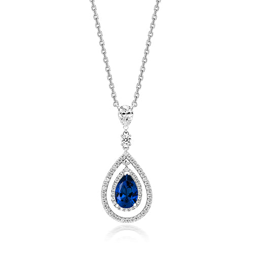 MULTI HALO SWING PENDANT WITH 9X6MM BLUE PEAR ON FIXED CHAIN