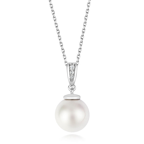 CLASSIC 10MM PEARL PENDANT WITH STONE SET BALE ON RUNNING CHAIN