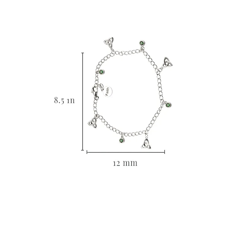Sterling Silver Celtic Trinity Knot Bracelet with Emerald Green Cubic Zirconia Charms