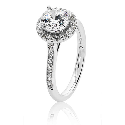 Sterling Silver Claw Set Round Halo Style CZ Ring