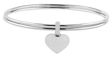 Silver 2-Wire Heart Charm Bangle