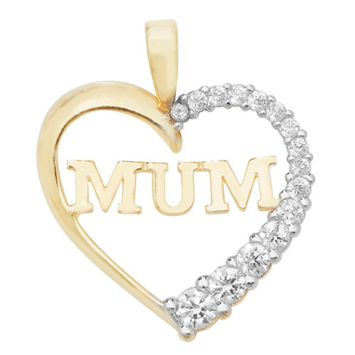 9ct Yellow Gold CZ Heart Mum Pendant