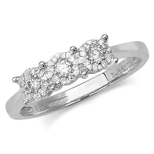 9ct White Gold 3 Stone Diamond Cluster Ring