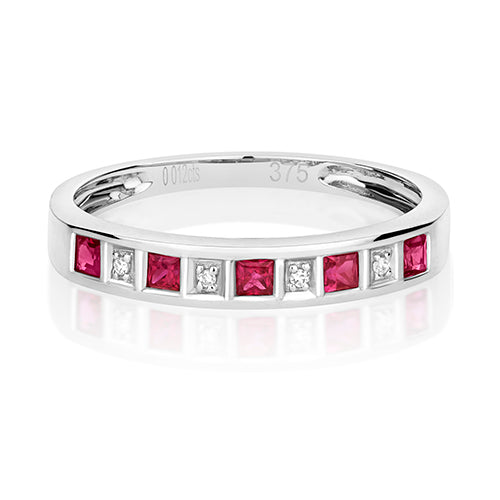 9ct White Gold Ruby & Diamond 9 Stone Eternity Ring