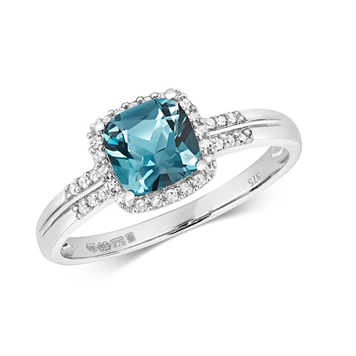 9ct White Gold Blue Topaz & Diamond Dress Ring