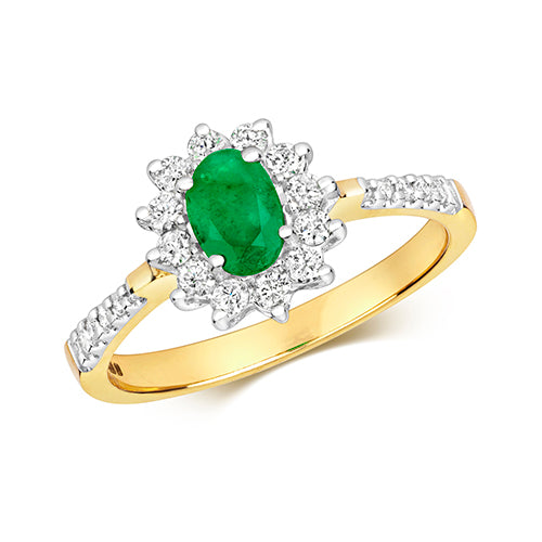 9ct Yellow Gold Emerald & Diamond Cluster Dress Ring