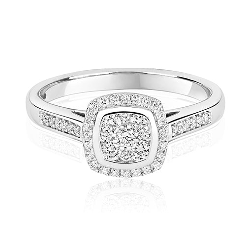 9ct White Gold Diamond Cushion Shape Cluster Ring