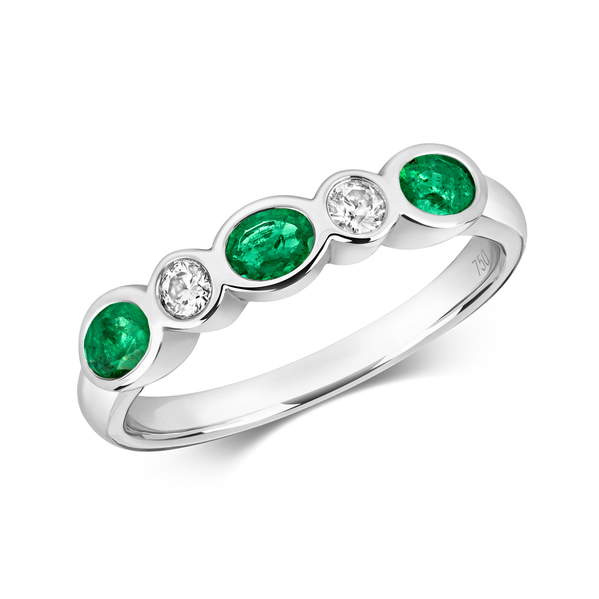 18ct White Gold Rub Over Emerald & Diamond 5 Stone Eternity Style Ring