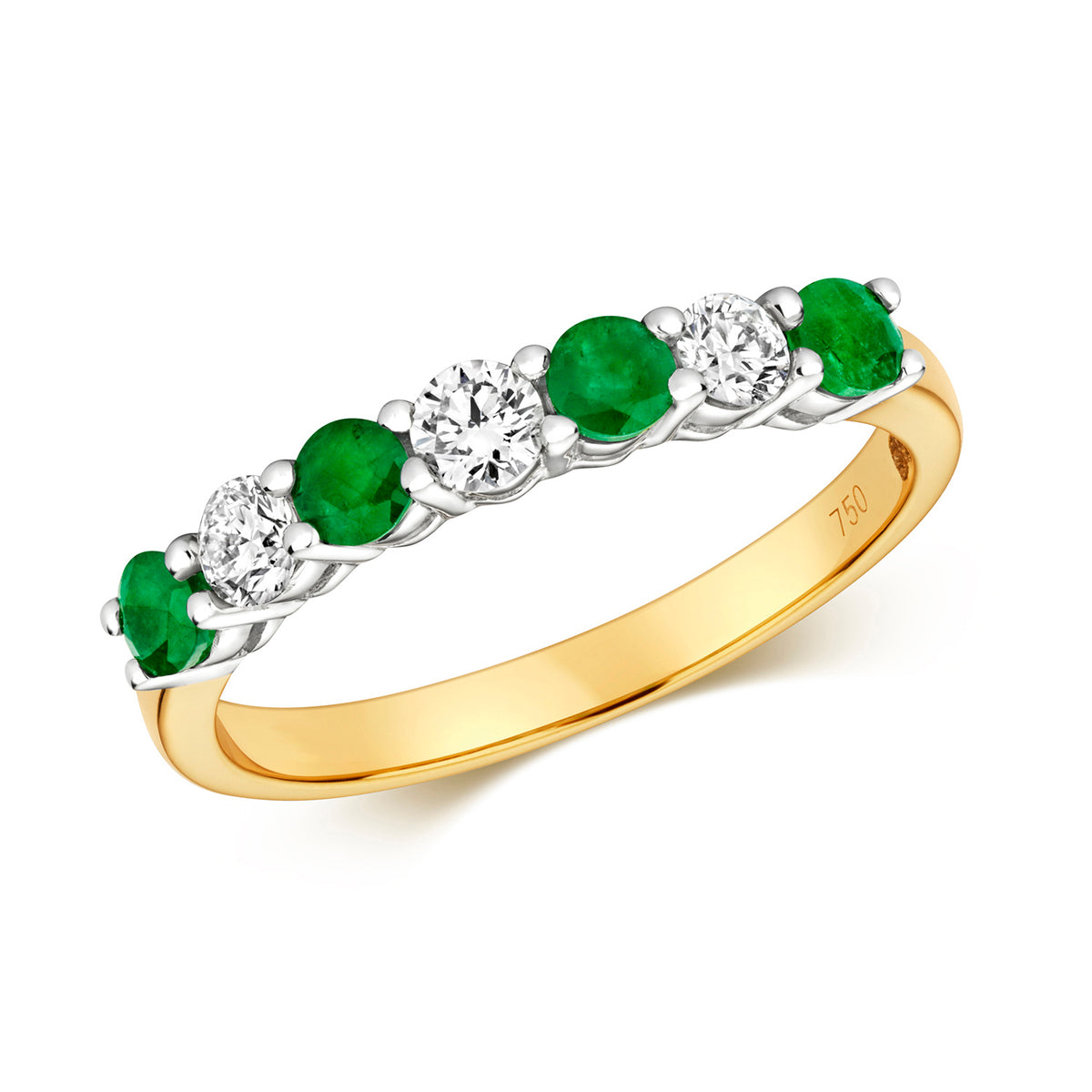 18CT YELLOW GOLD 7 STONE EMERALD & DIAMOND RING