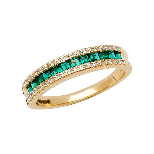 9ct Yellow Gold Ladies Square Created Emerald & White Sapphire Ring