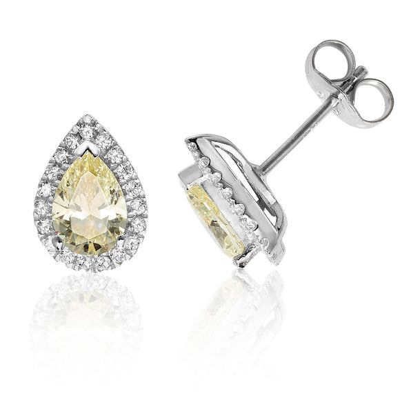Sterling Silver Claw Set Halo Style Pear Shape Yellow CZ Stud Earrings