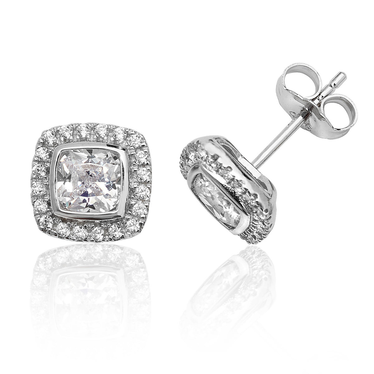 Sterling Silver Bezel Set Halo Style Cushion CZ Stud Earrings