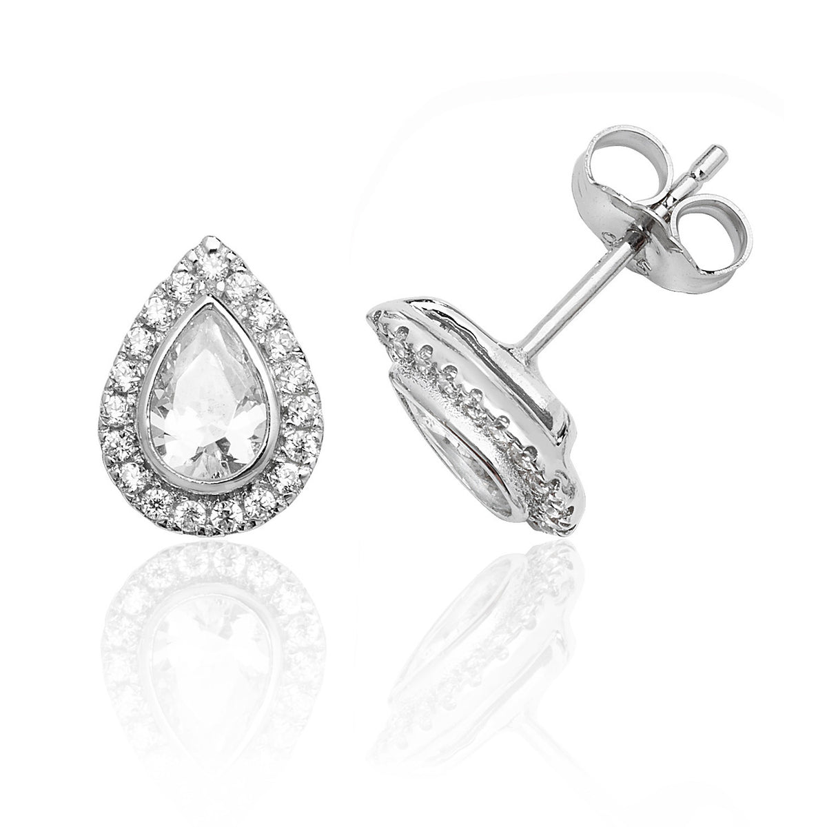 Sterling Silver Bezel Set Halo Style Pear Shape CZ Stud Earrings
