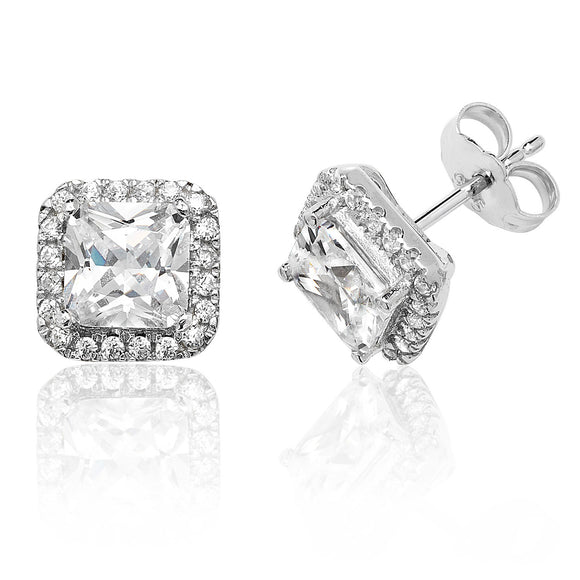 Sterling Silver Claw Set Halo Style Square CZ Stud Earrings