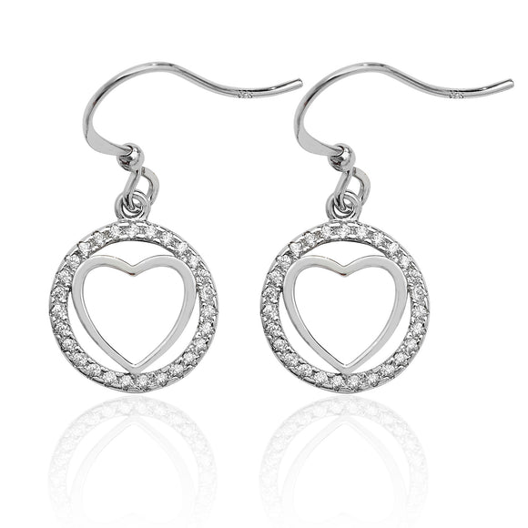 Sterling Silver Plain Heart Within Round Halo Style CZ Drop Earrings