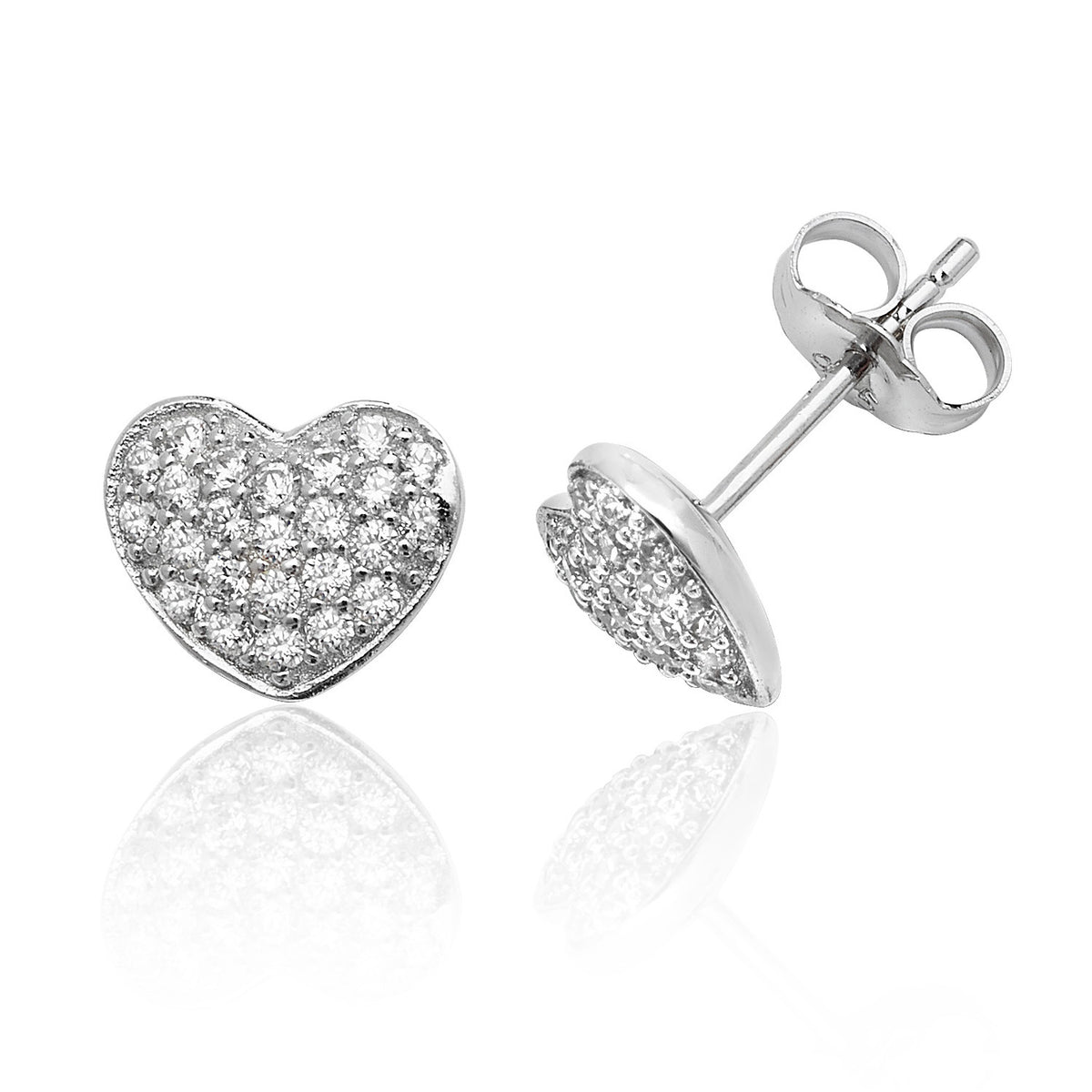 Sterling Silver Pave Heart CZ Stud Earrings