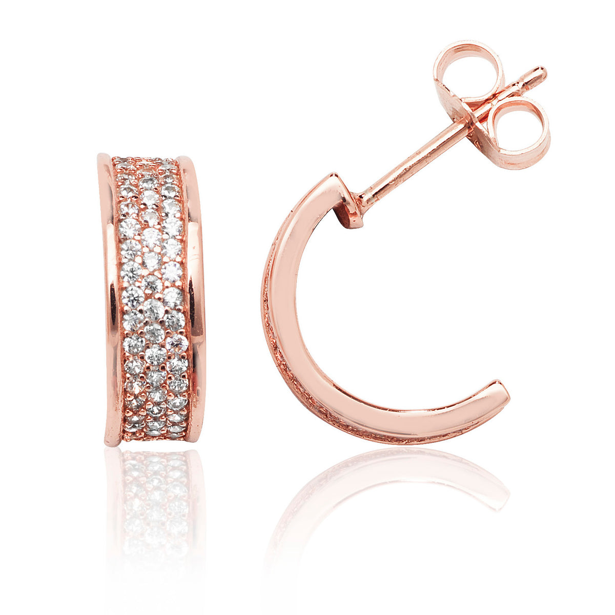 Sterling Silver RGP Three Row Pave Half Hoop CZ Stud Earrings