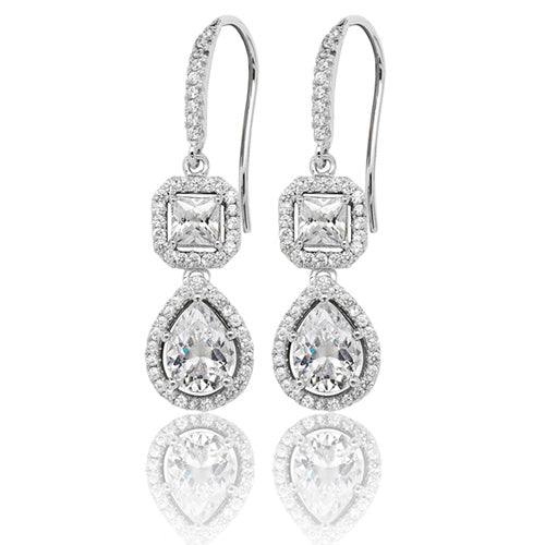 Sterling Silver Pear & Square Shape Halo CZ Drop Earrings