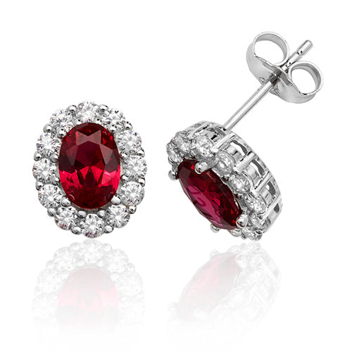 Sterling Silver Red & White Oval Cluster CZ Stud Earrings