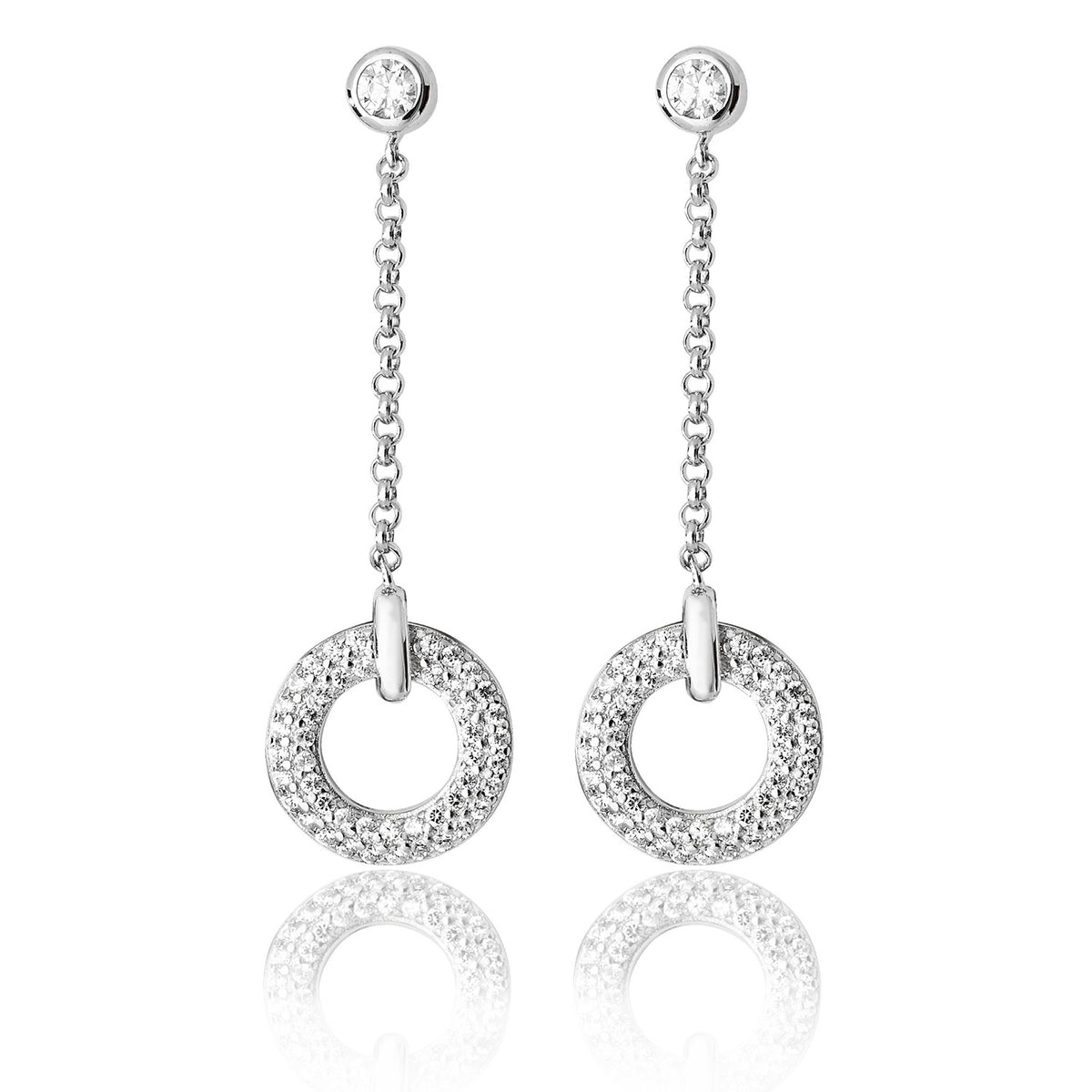 Sterling Silver Pave Circular CZ Drop Earrings
