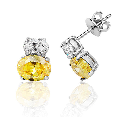 Sterling Silver Double Oval Shape Yellow & White CZ Stud Earrings