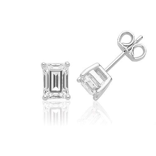 Sterling Silver Single Emerald Cut Claw Set Earrings
