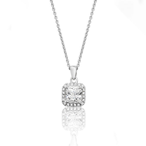 Sterling Silver Square Halo Style CZ Pendant & Chain