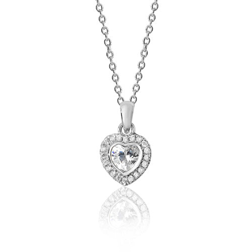 Sterling Silver Heart Shape Halo Style CZ Pendant & Chain