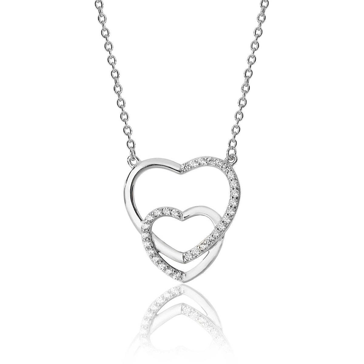 Sterling Silver Double Heart CZ Pendant + Chain