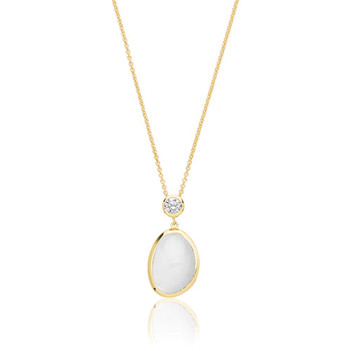 Sterling Silver Rose/Yellow Gold Plated White Moon Stone & CZ Pendant + Chain
