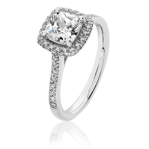Sterling Silver Small Claw Set Cushion Halo Style CZ Ring