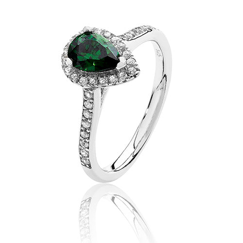 Sterling Silver Small Claw Set Pear Shape Halo Style Green CZ Ring