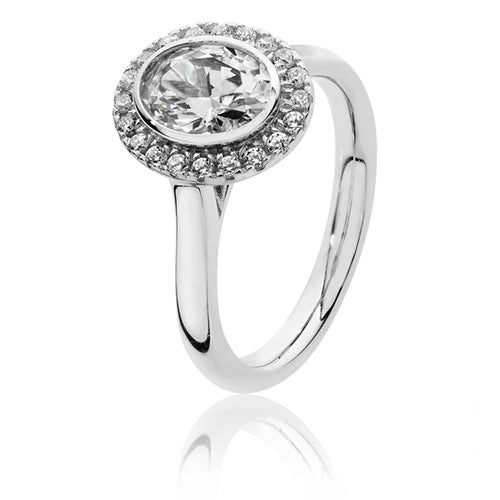 Sterling Silver Large Bezel Set Oval Shape Halo Style CZ Ring