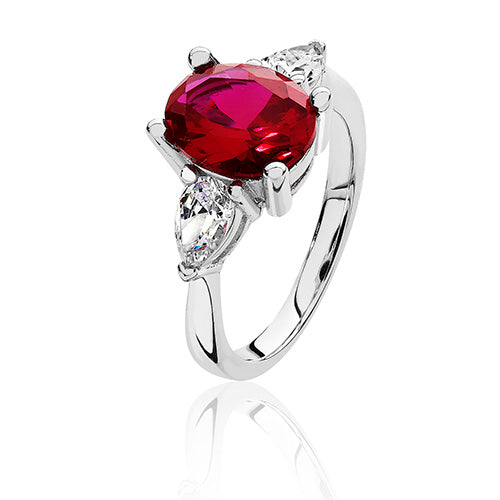 Sterling Silver 3 Stone Red & White CZ Ring
