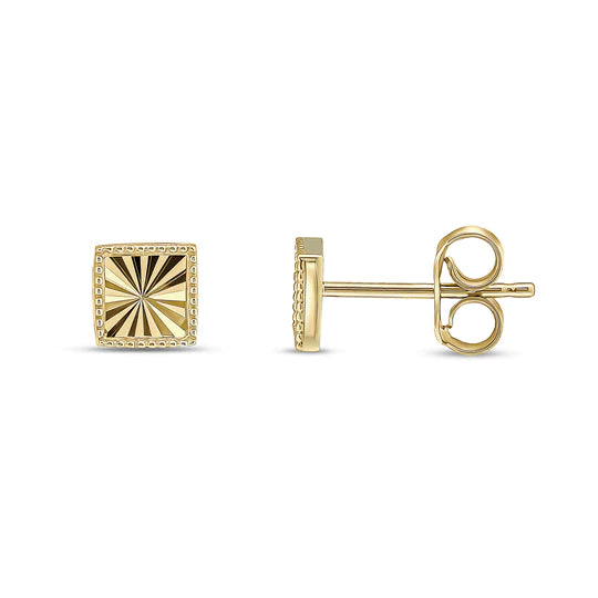 9ct Yellow Gold Diamond Cut Beaded Edge Square Stud Earrings