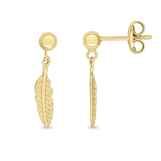 9CT Yellow Gold Feather Drop Earrings with Ball Stud Top 17mm