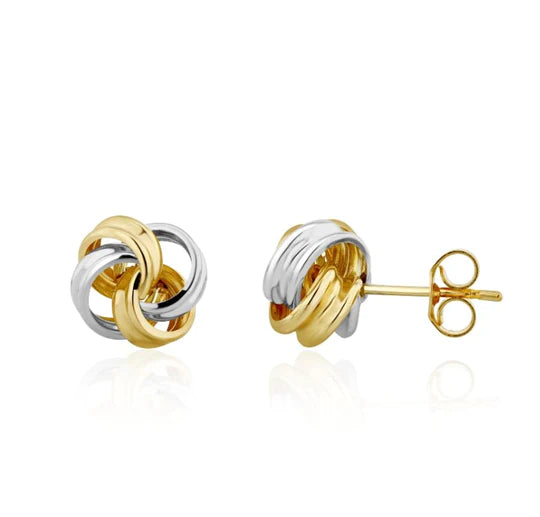 9CT Two Tone White/Yellow Gold Double Thread Ribbon Knot Stud Earrings 9mm