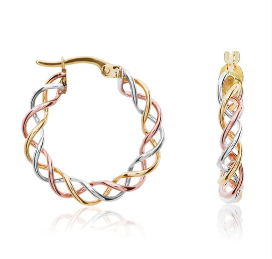 Three Tone 9CT Gold Wire Twist Hoop Earrings