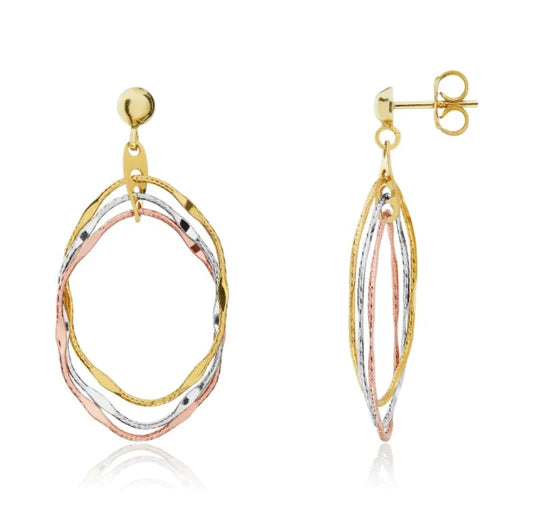 Three Tone 9CT Gold Triple Open Oval Drop Earrings 35x18.5mm