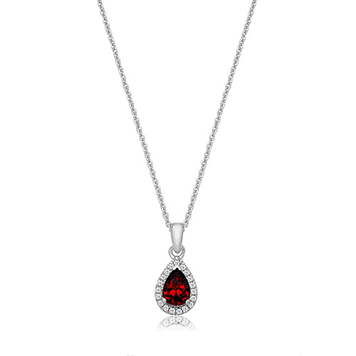 Silver pear shape halo red cz necklace