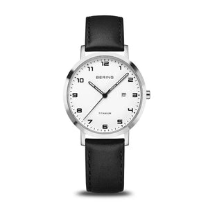 Bering Titanium | polished/brushed silver |Black Leather Strap Watch