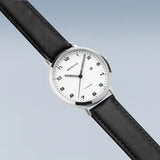 Bering Titanium | polished/brushed silver |Black Leather Strap Watch