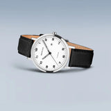 Bering Titanium | polished/brushed silver |Black Leather Strap Watch