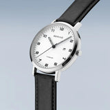 Bering Titanium | polished/brushed silver |Black Leather Strap Watch