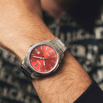 Casio Stainless Steel Red Dial Watch