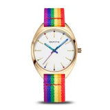 Bering Classic | polished gold | Mesh B/W with Rainbow Strap