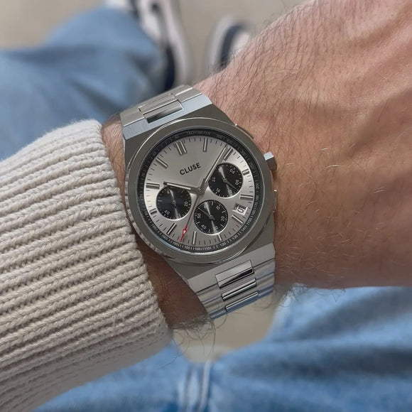 Vigoureux Chrono Watch Steel, Black, Full Silver Colour